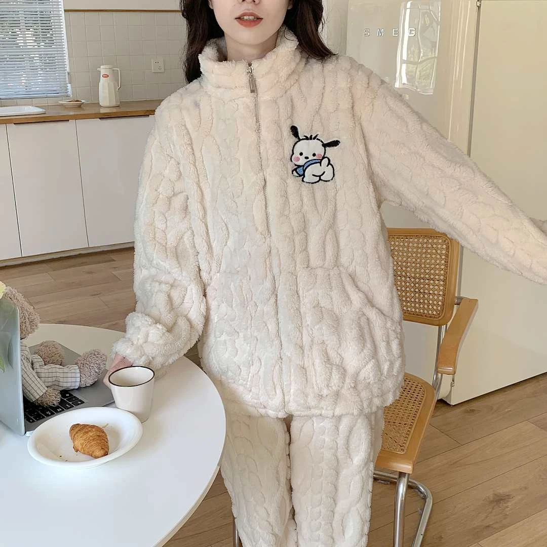 加绒加厚珊瑚绒草莓熊睡衣女长袖冬季保暖家居服拉链套装可外穿女