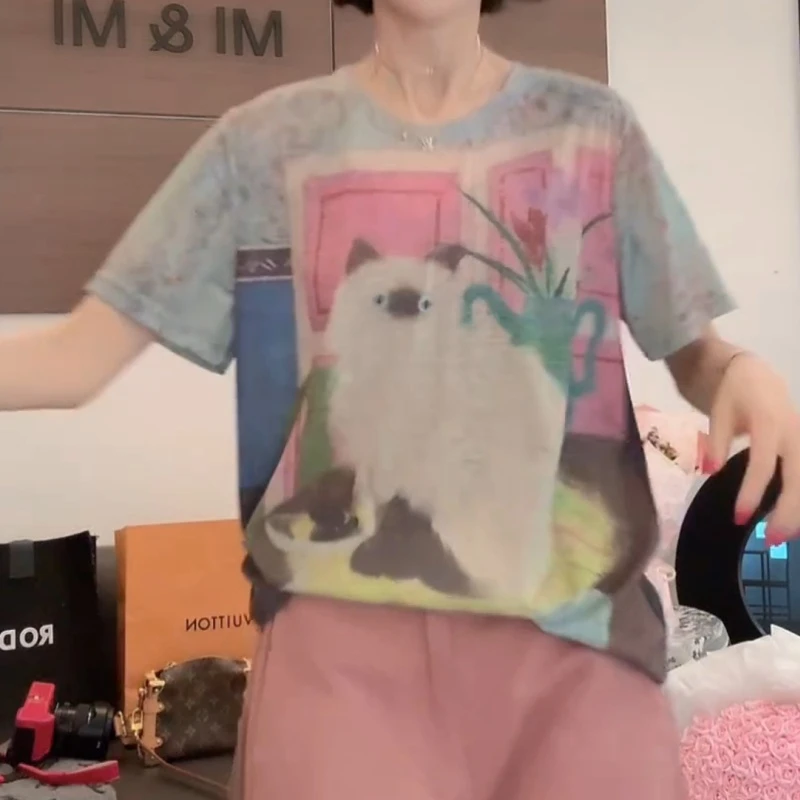 2025夏季韩版猫咪印花复古油画风圆领短袖透气T恤LK2503906