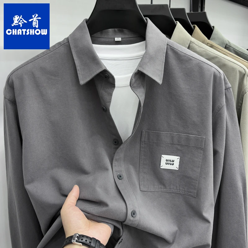 高档莱赛尔棉男士工装衬衫秋季新款宽松休闲百搭真口袋衬衫外套男