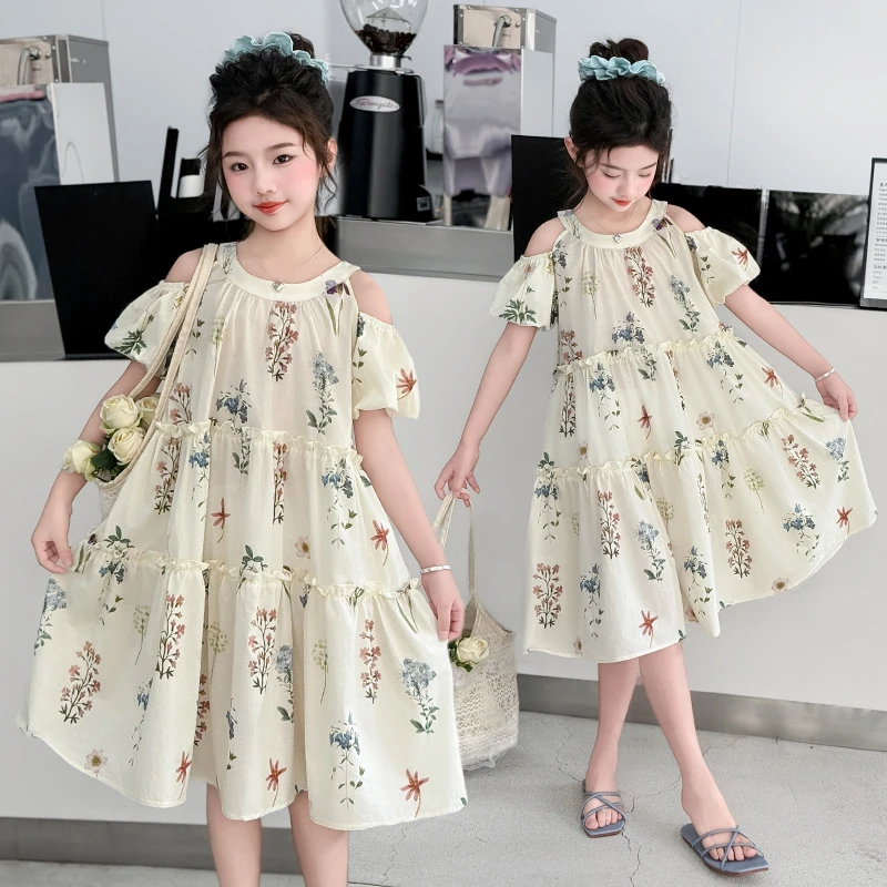 女童连衣裙夏时尚中大童露肩公主裙2025新款儿童夏日度假裙子薄款