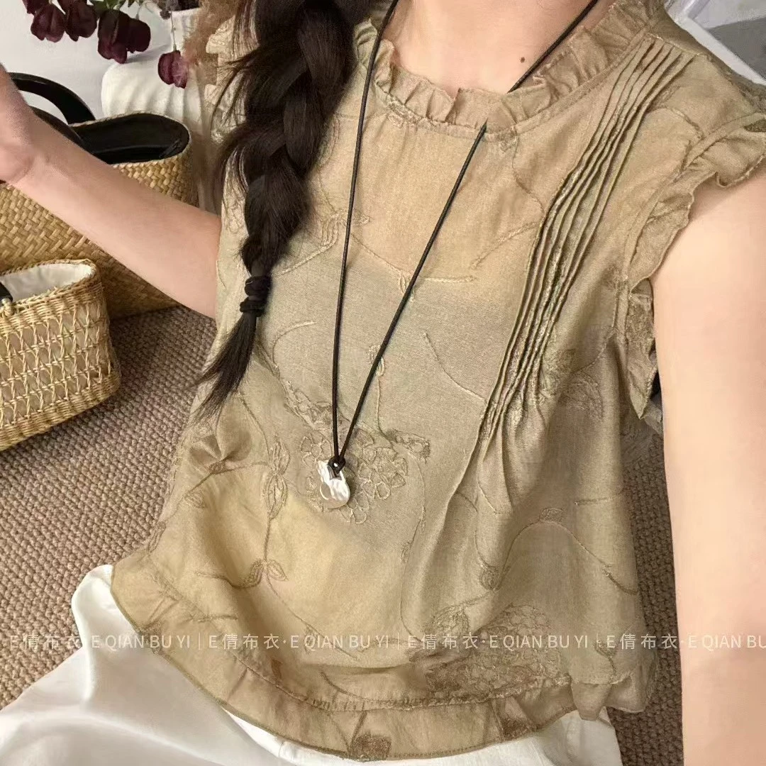 中式国风木耳边无袖背心衬衫女2025夏新款圆领刺绣设计感小衫上衣