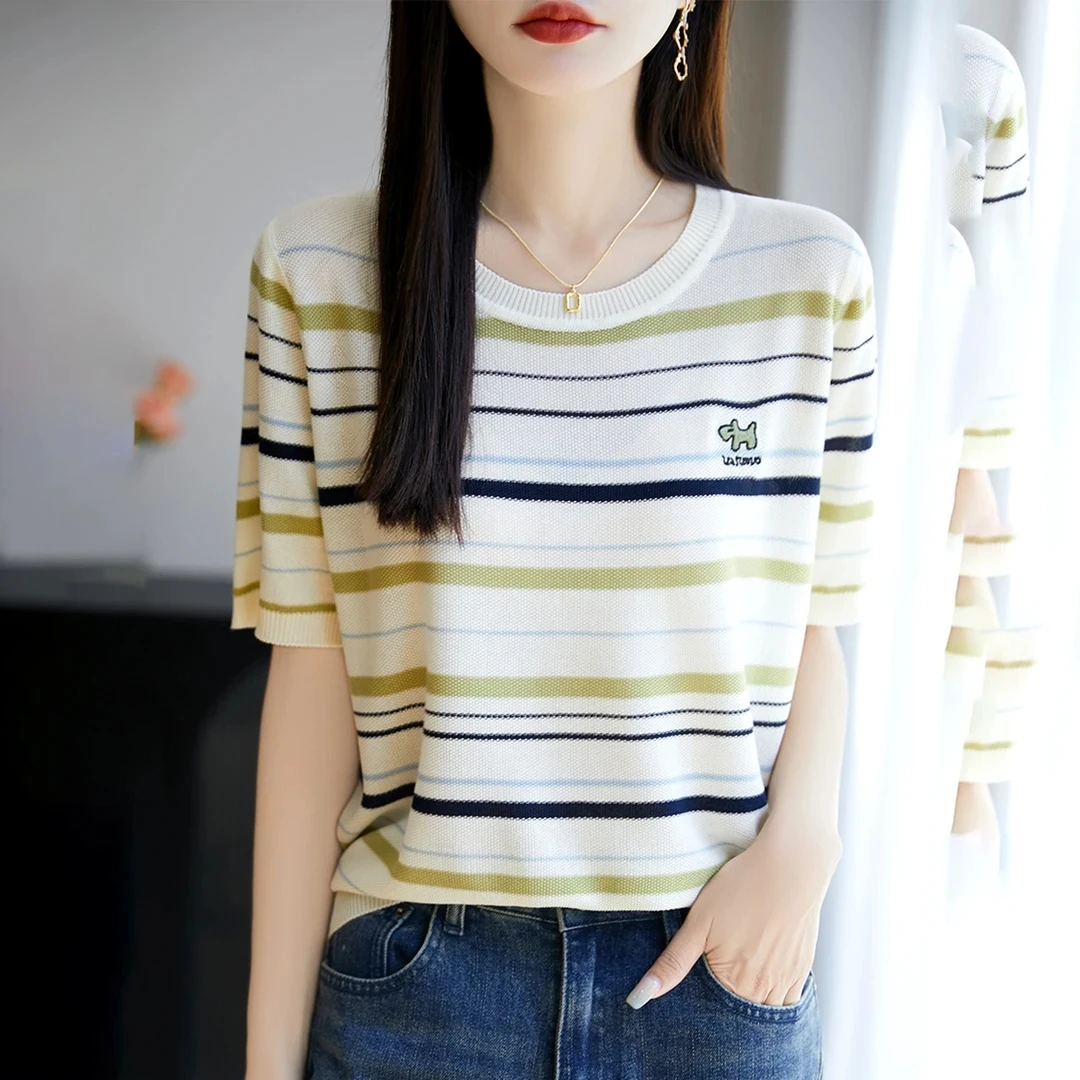 100莱赛尔天丝 卡通刺绣小狗 夏季针织短袖 不闷热透气晾感好打理