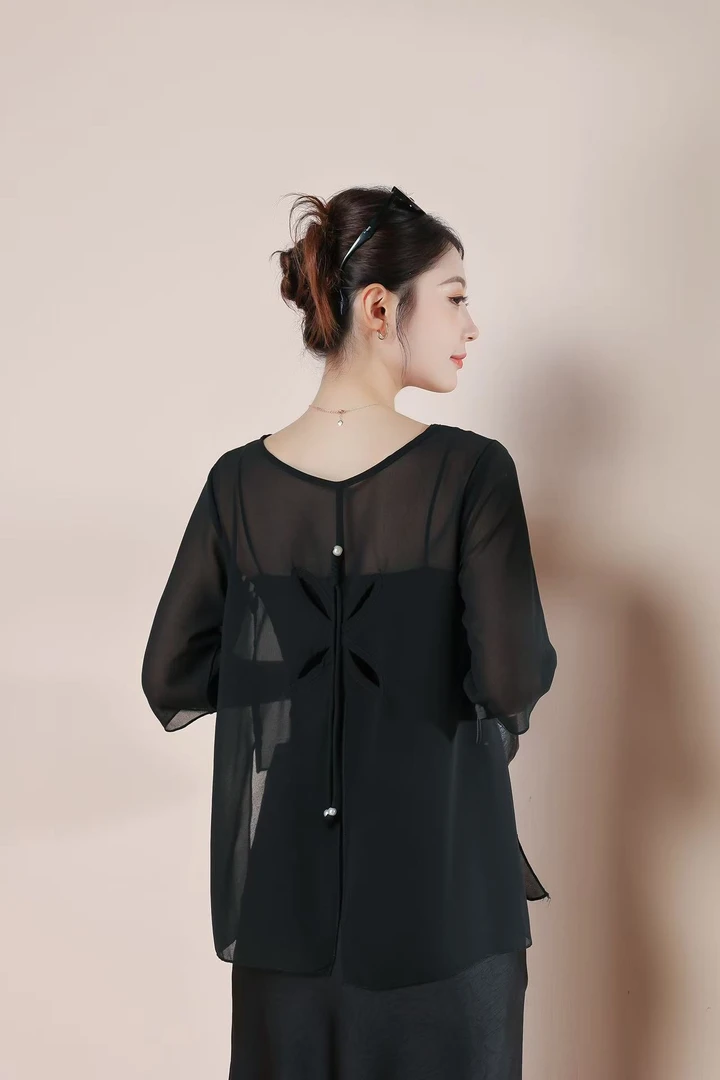 新款乔其纱长袖百搭时尚气质早秋穿搭独特漂亮小众炸街高级感女装