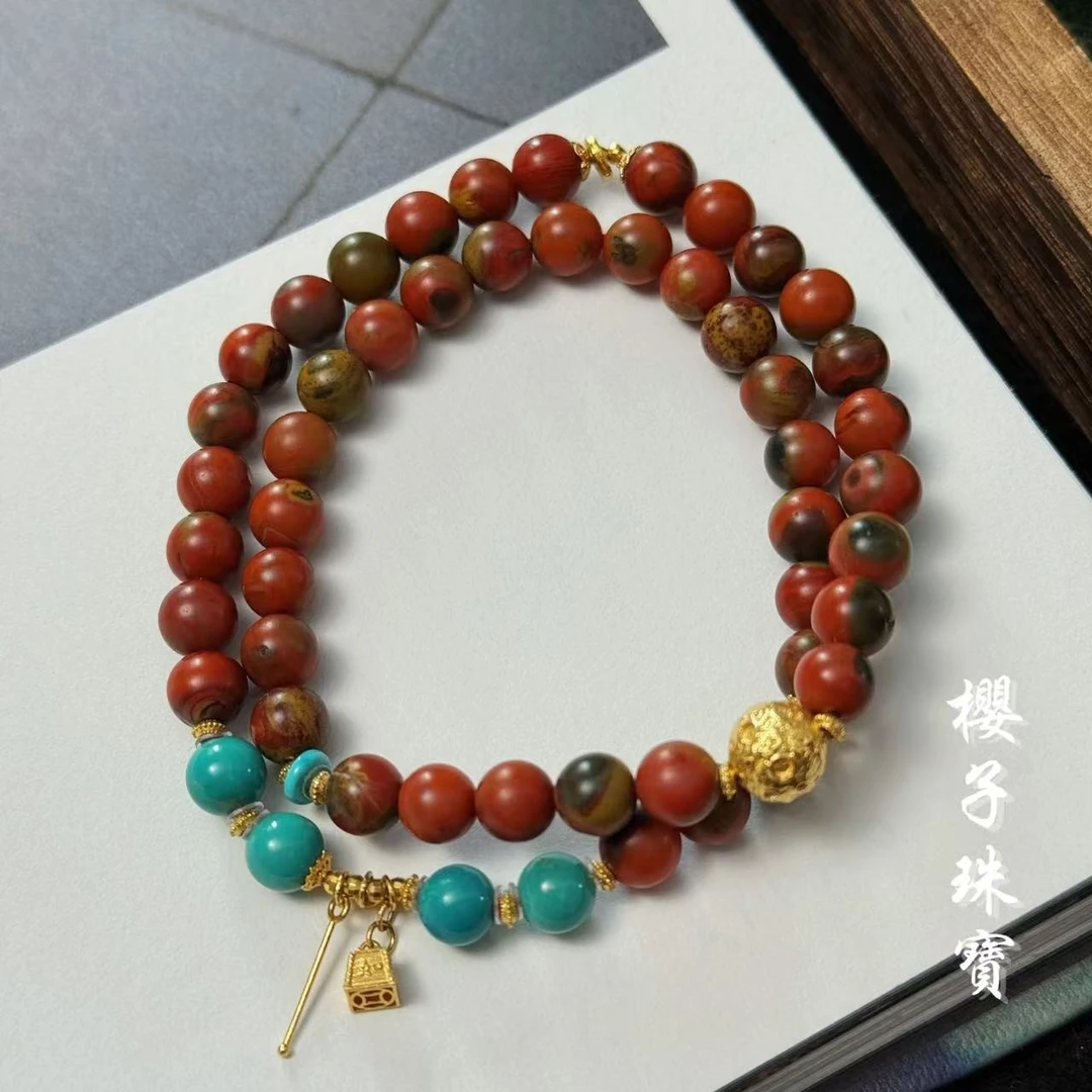 樱子 | 杜鹃 18K金绿松原矿包浆7m南红时尚双圈手串*WYZNH2596