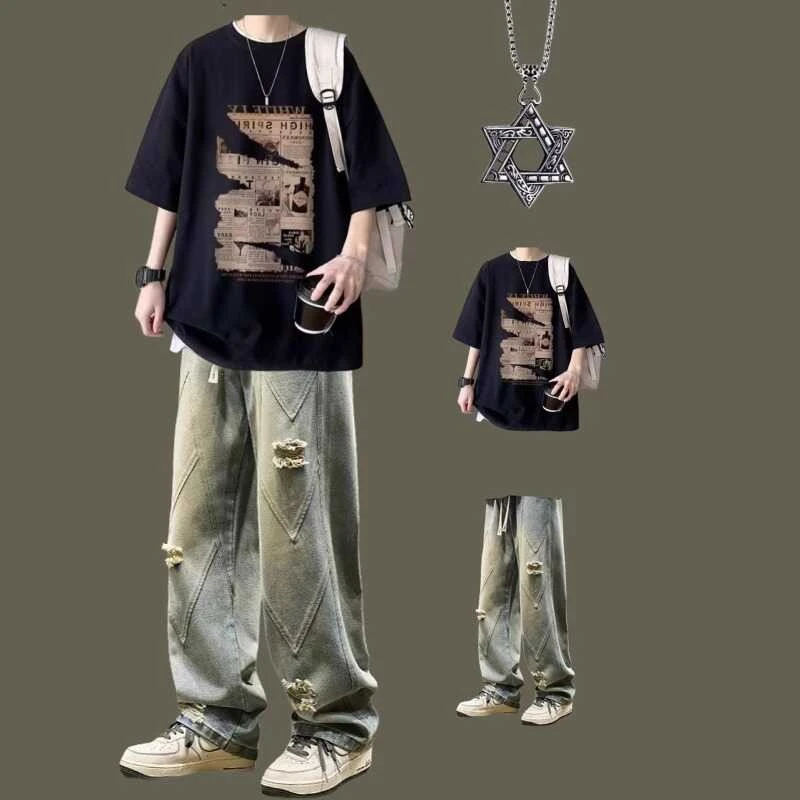 男生美式复古穿搭青少年短袖搭配牛仔裤套装学生时尚高级感三件套