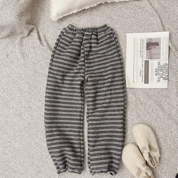 哦哦乐自制 冬款加厚绒条纹裤