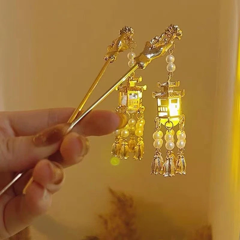 灯笼发光流苏发簪女宫灯合金簪子古风发饰汉服旗袍步摇发钗