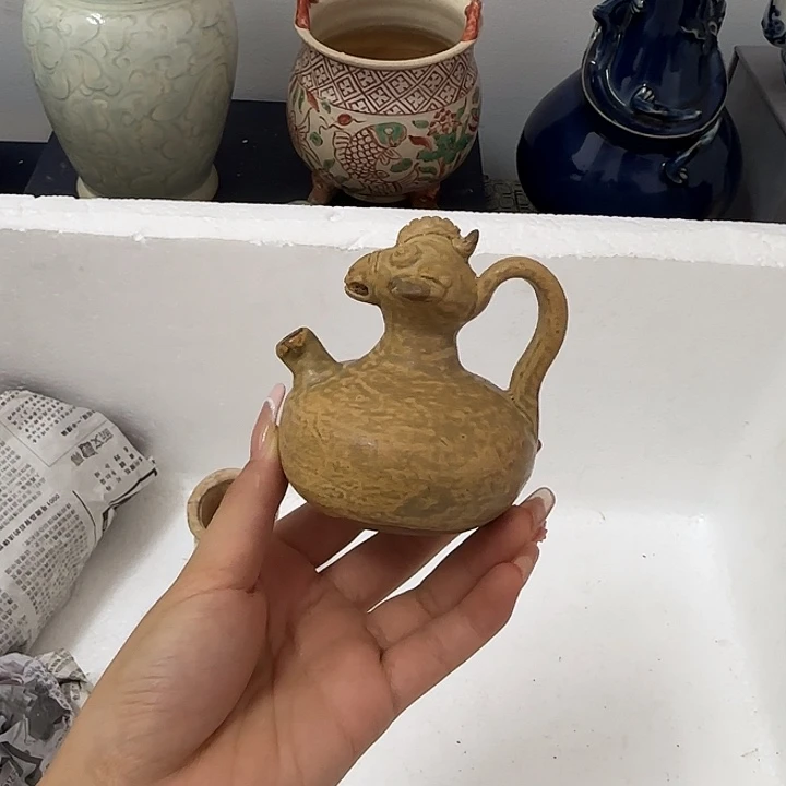 瓷片*️***青瓷刻花鸡头壶一件