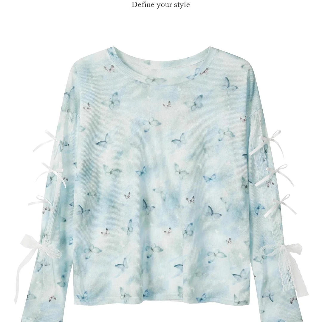 羊城故事-INS风蝴蝶印花设计感长袖小衫女夏季新款减龄罩衫8138
