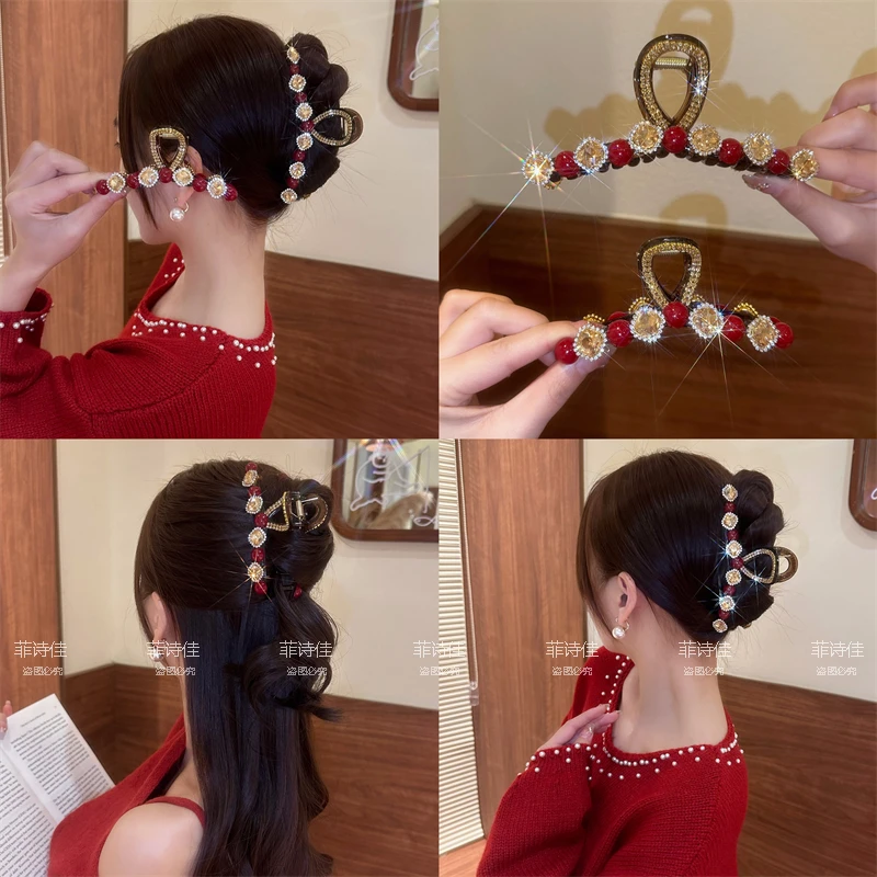 新年高级感红色珠珠抓夹女后脑勺盘发鲨鱼夹气质发夹发卡夹子头饰