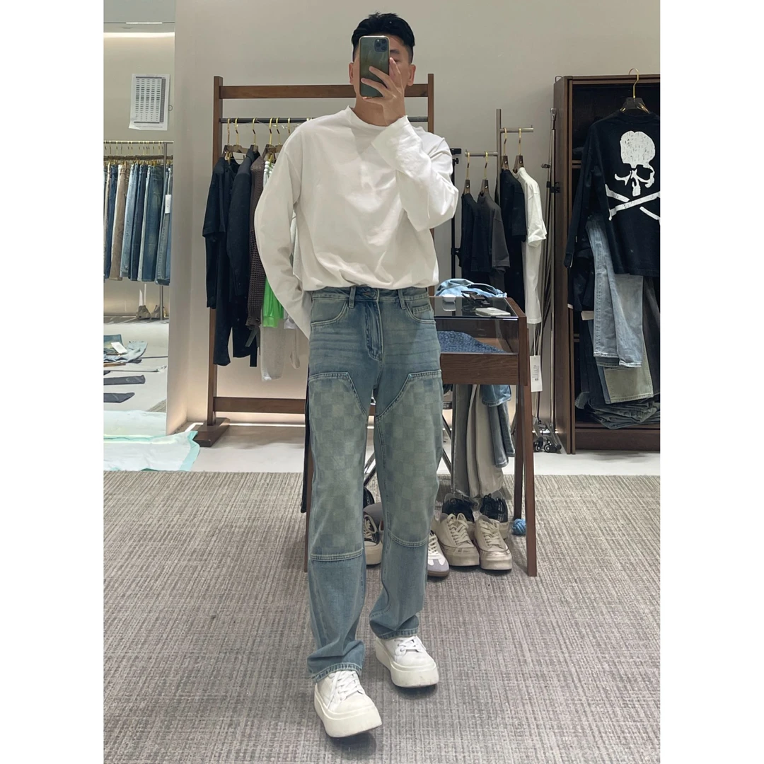 TKTHEKING/507夏季宽松直筒水洗美式工装伐木棋盘格男士牛仔裤