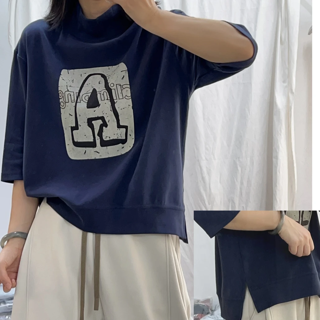 （小A）新款爆款卫衣女字母印花宽松设计感底边开叉百搭七分袖上衣