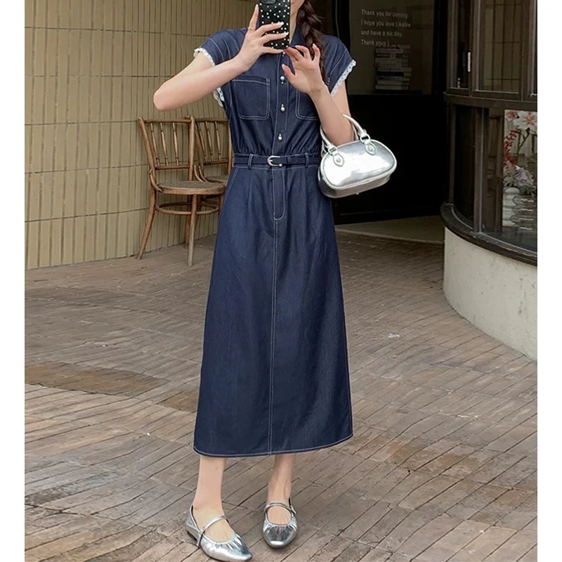 【茵姐推荐】新款时尚显瘦收腰中长款翻领衬衫裙3414