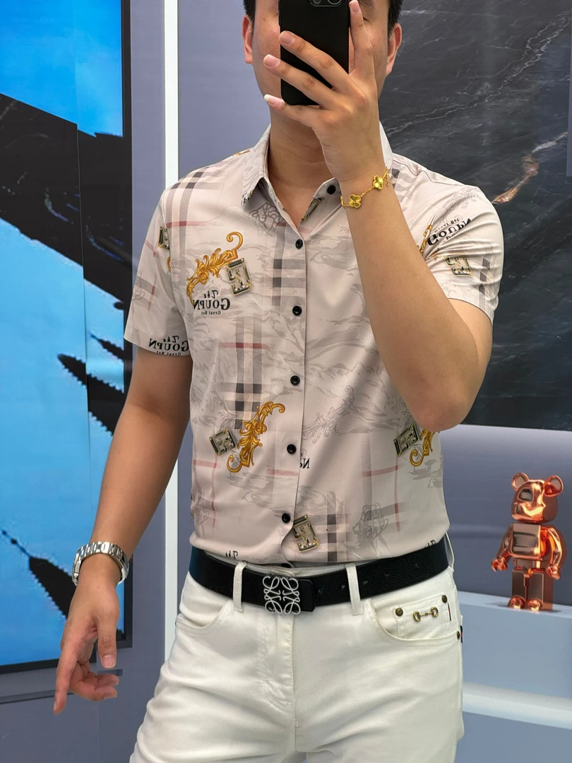 25夏季（轩诚）格子轻奢商务印花时尚个性百搭潮流男款弹力短袖衬衫