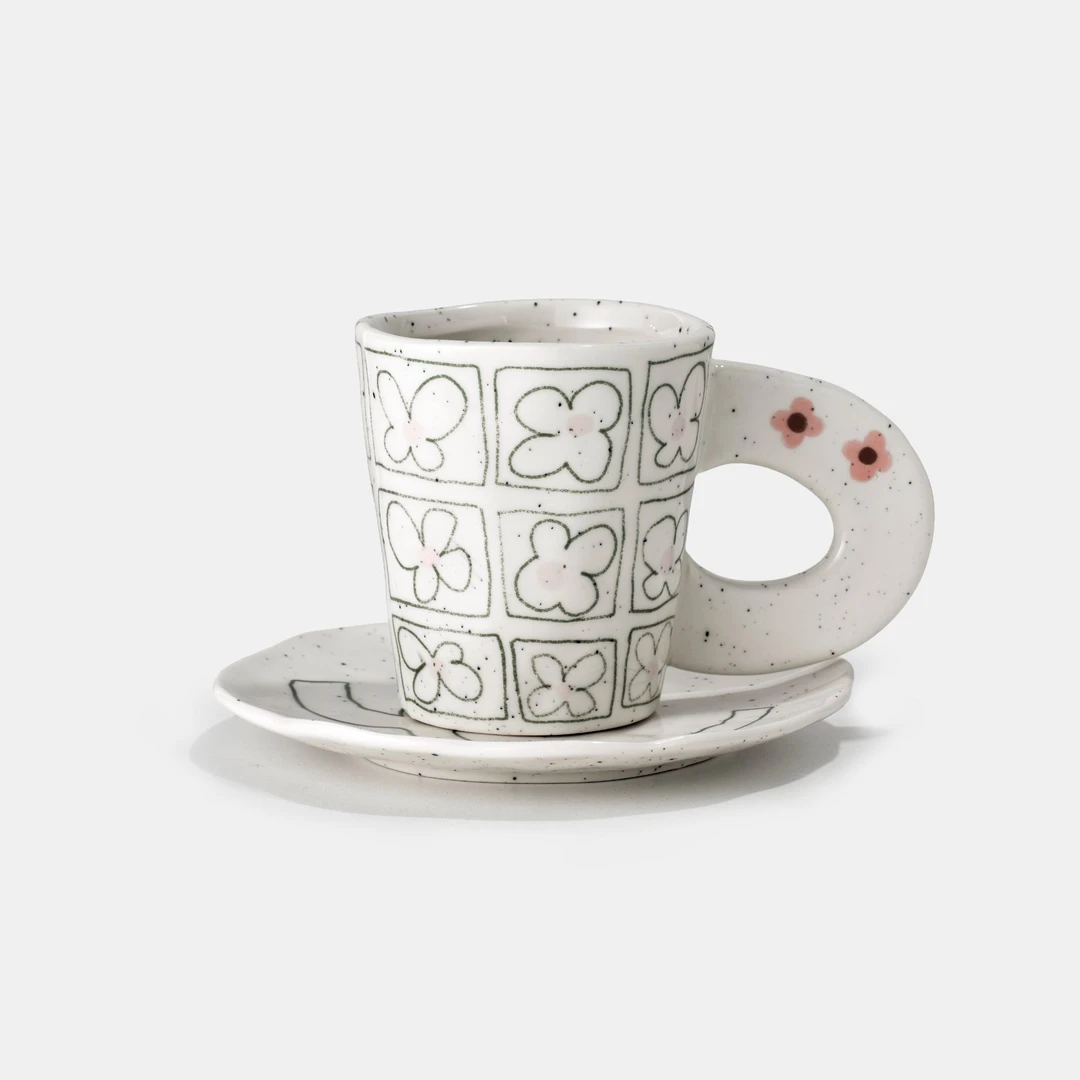 泼墨手捏陶瓷咖啡杯小众个性陶瓷马克杯甜品碟咖啡杯