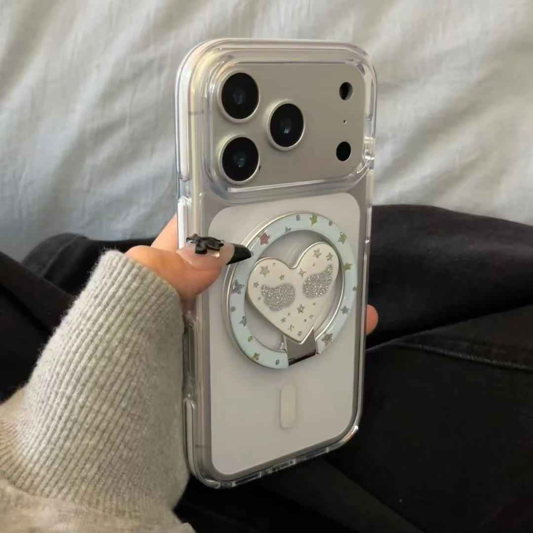 ins简约透明爱心翅膀磁吸支架适用iPhone17promax手机壳苹果16pro