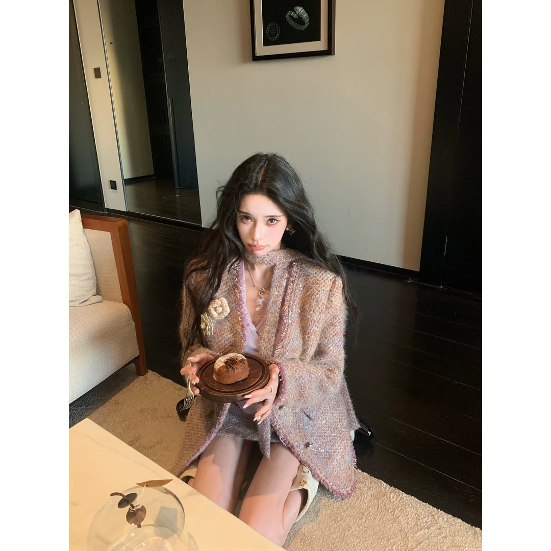 Barb Chill【12/10新品上新】【浪漫美学】羊毛灰紫色夹棉小香风套装