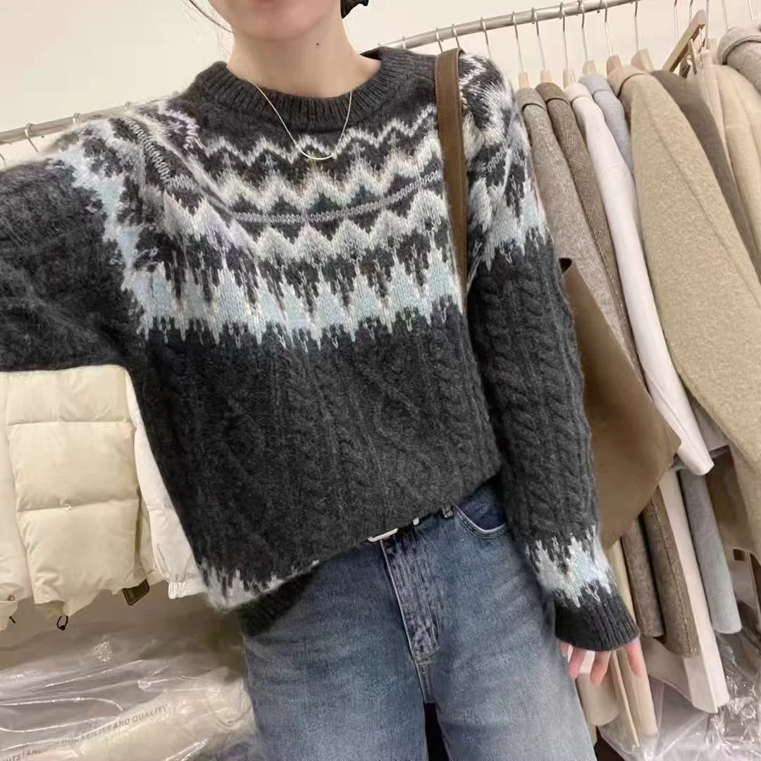 /蓝灰费尔岛/百搭复古减龄针织衫毛衣 衣长62 胸围55 93759