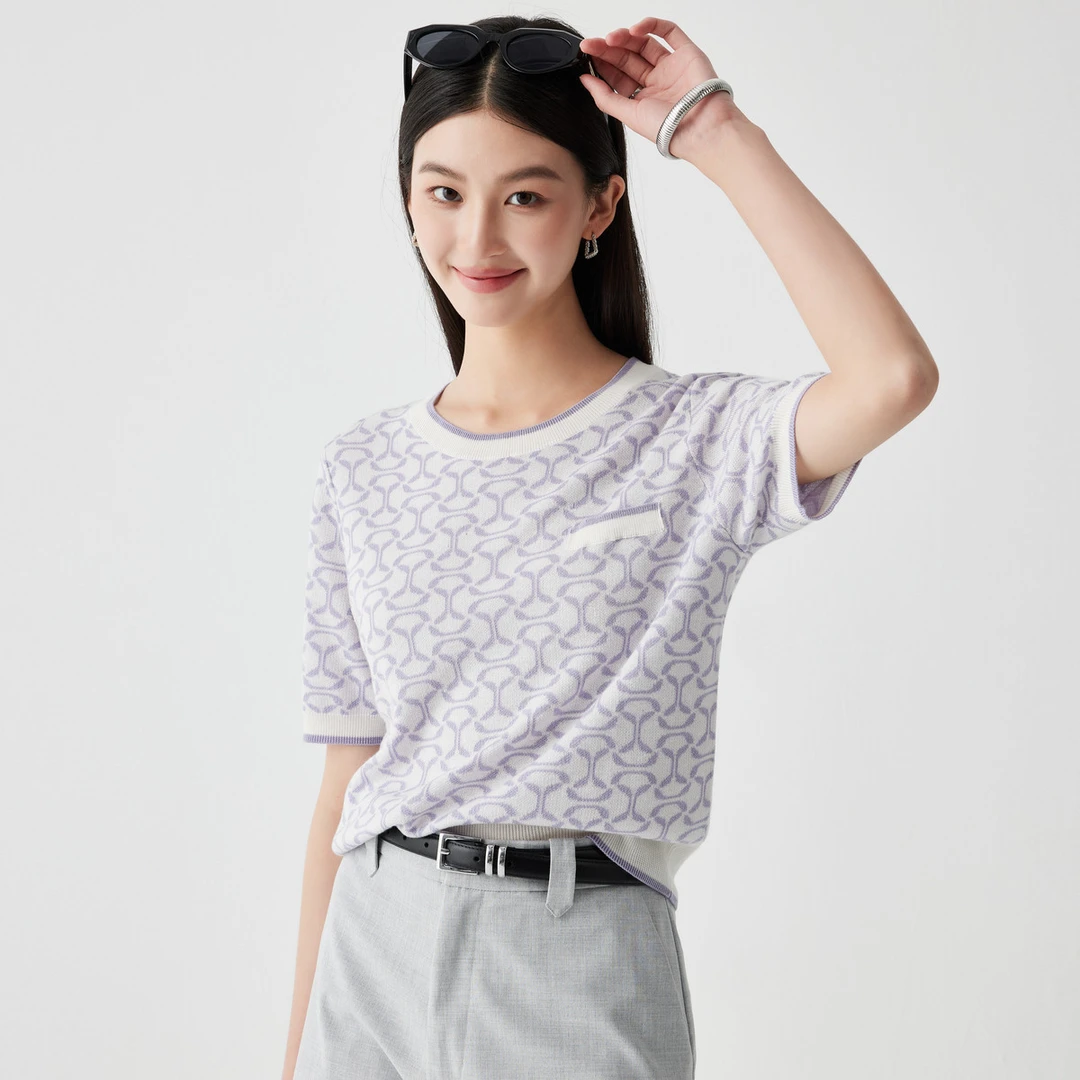 含桑蚕丝】春夏圆领透气柔软莱赛尔针织上衣短袖女式T恤ES2F8036M