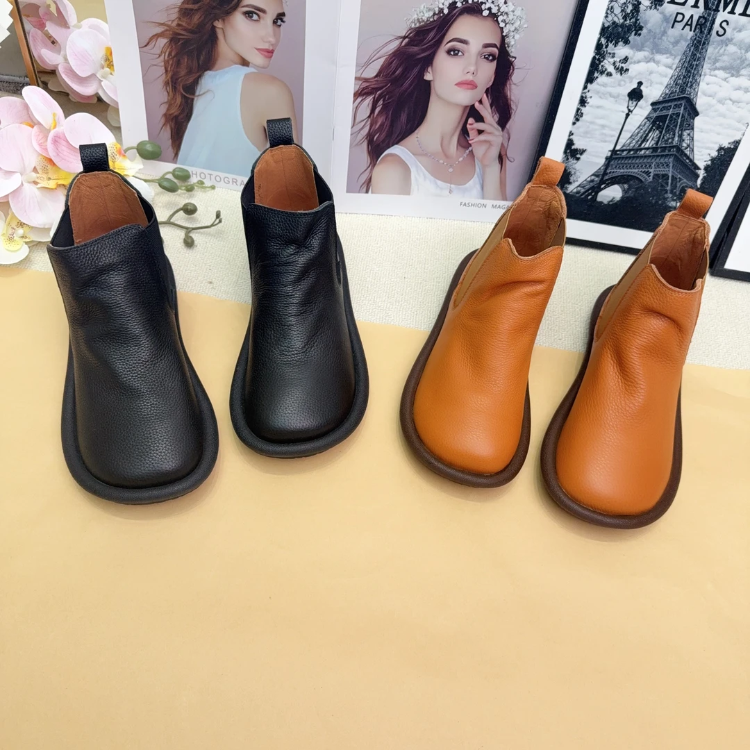 23687手工真皮女靴新款真皮圆头平底一脚蹬舒适切尔西马丁靴短靴