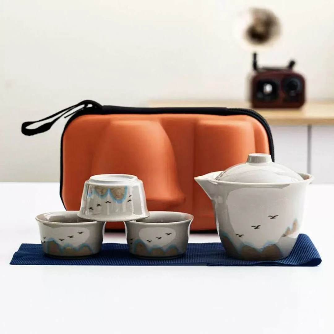 Y4645-复古陶瓷手绘日式旅行茶具快客杯户外便携茶具