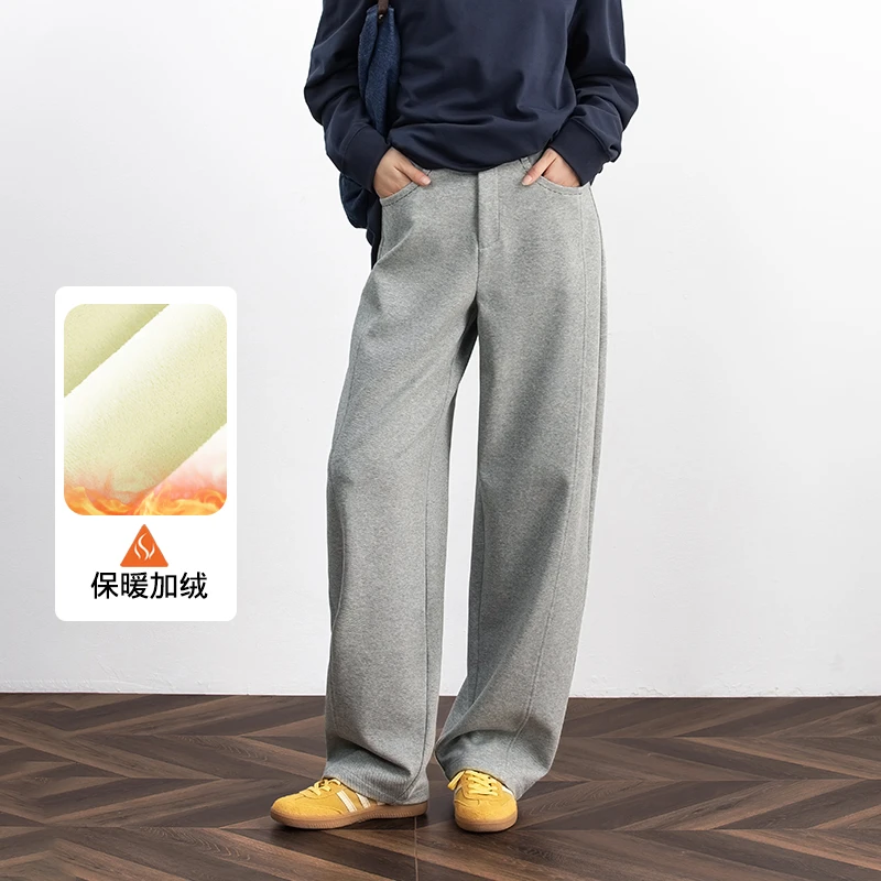 灰色运动休闲裤女秋冬加绒宽松小弯刀阔腿裤香蕉裤镰刀裤子卫裤