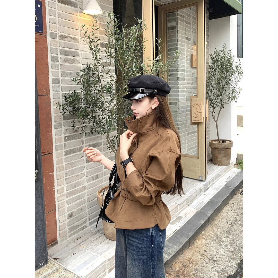 复古麂皮做旧立领单排扣腰带收腰外套女秋季质感显瘦开衫上衣ins