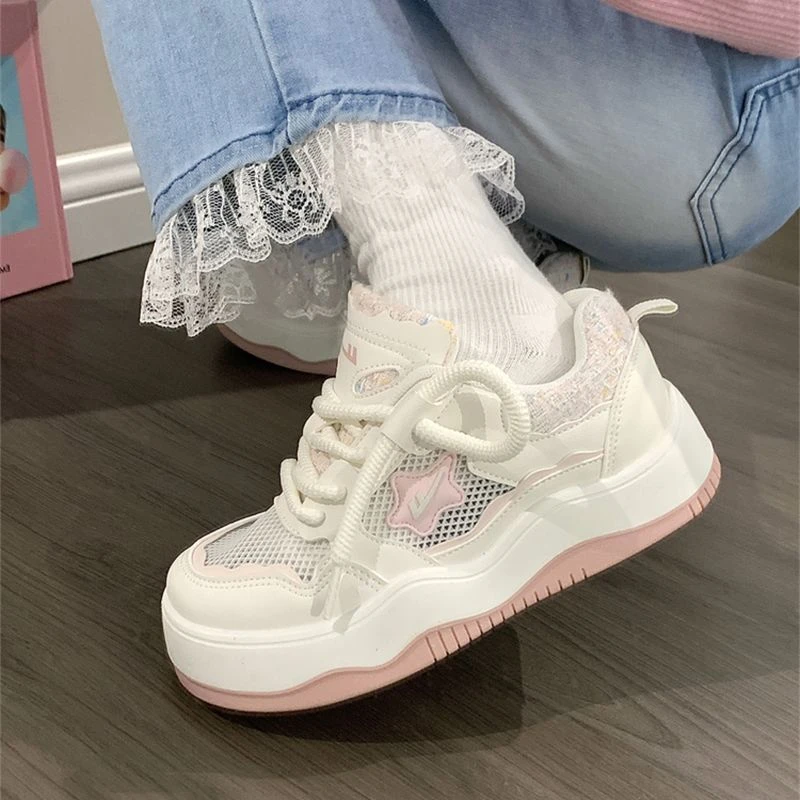 回力小白鞋女网面透气2025新款夏季粉色星星学生厚底增高运动板鞋