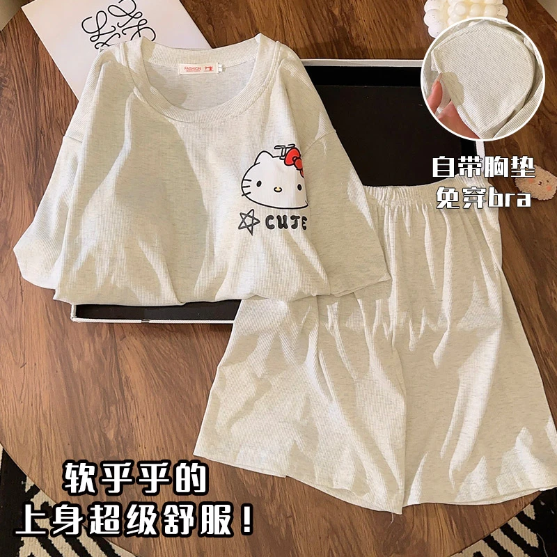 带胸垫睡衣女夏季短袖可爱KT猫套装夏天新款软萌少女宽松家居服