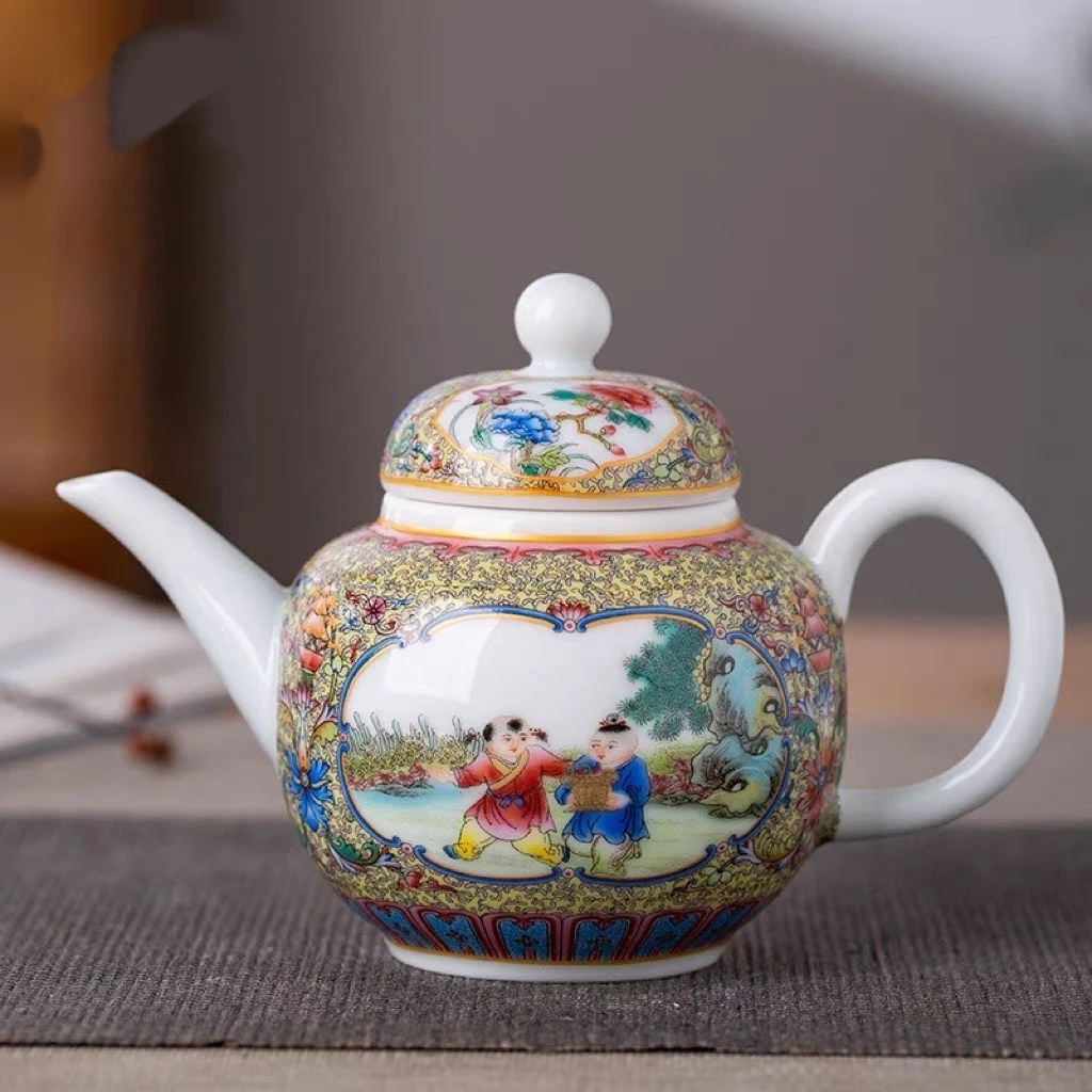 景德镇陶瓷珐琅彩童趣茶壶中式带把泡茶壶防烫手家用冲茶水壶茶具