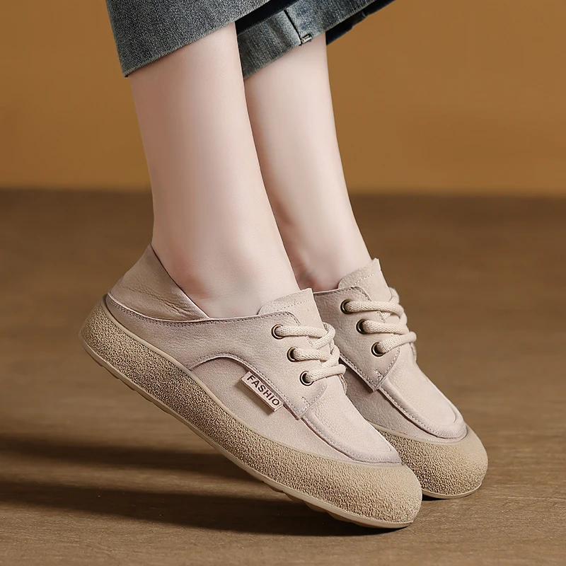 头层牛皮复古浅口单鞋子女2025春夏新款百搭运动休闲板鞋小白鞋女