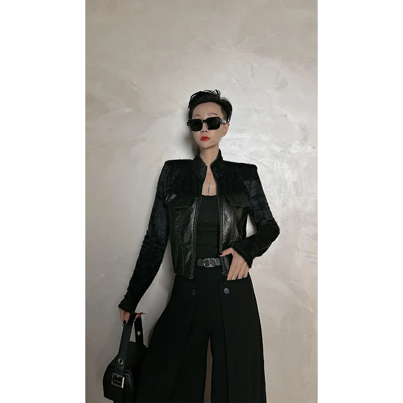 Dan Dan 设计感拼接皮质高领拉链毛毛开衫 收腰显瘦修身上衣外套