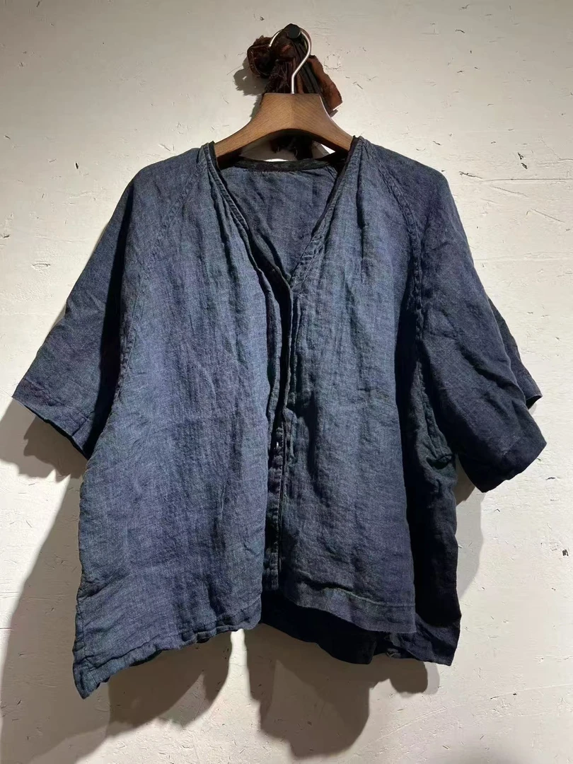 衣路品牌V领做旧亚麻对扣开衫