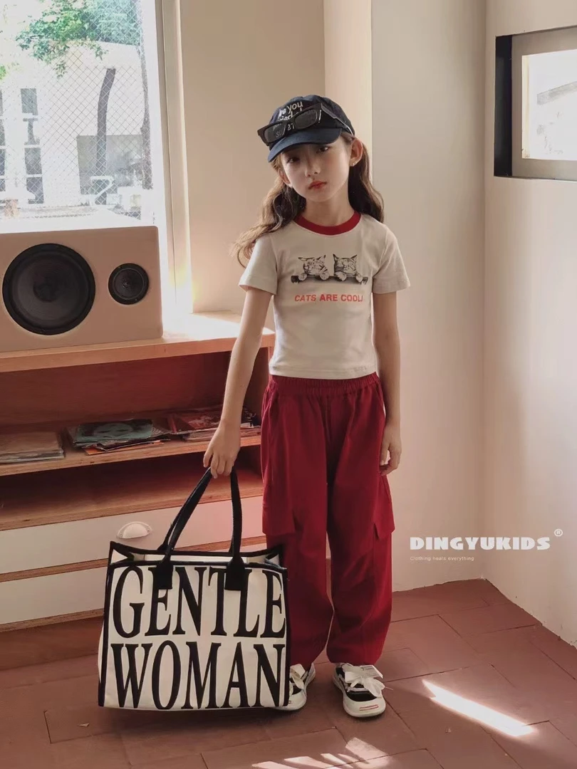 【町家】女童猫咪杏色小短T