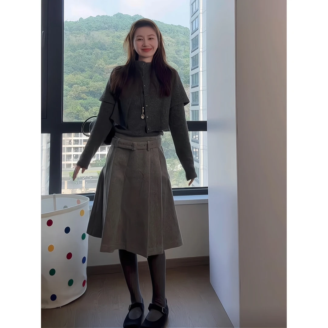 设计感开衫内搭披肩毛衣长袖针织衫两件套百褶裙高腰百搭半身裙女