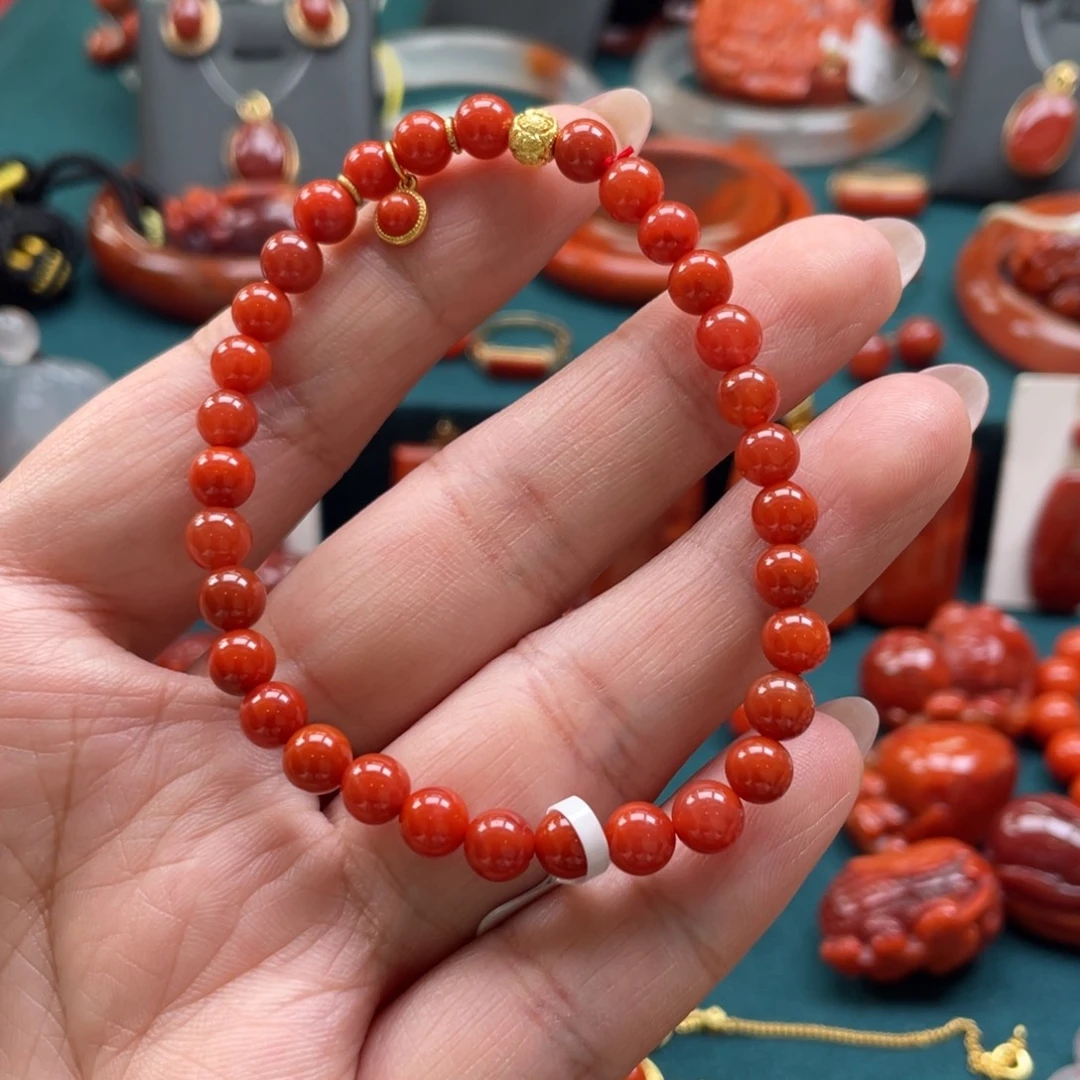 南红玛瑙银S925镶嵌川料南红满红dly单圈5+mm