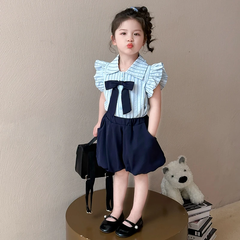 女童夏季花苞裤套装2025新款女宝宝学院风条纹小飞袖女童夏装套装