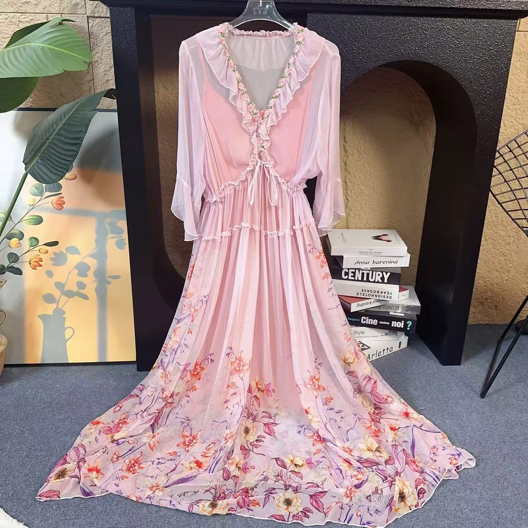 粉色时尚真丝连衣裙桑蚕丝乔其纱宽松桑蚕气质丝长裙沙滩裙修身