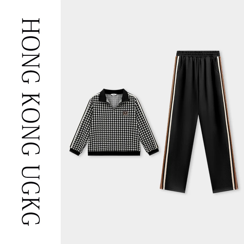 香港UGKG千鸟格春秋新款黑白格子女装裤子两件套-73233ZH018