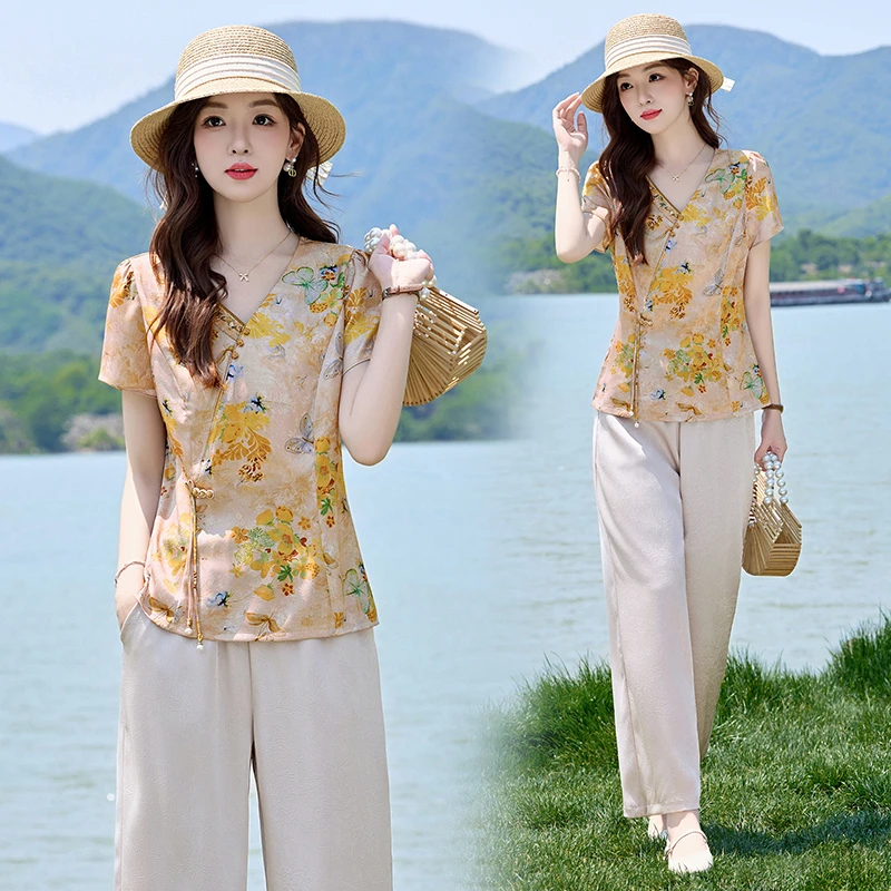 新中式国风复古印花套装女2025夏季新款洋气减龄时尚阔腿裤两件套