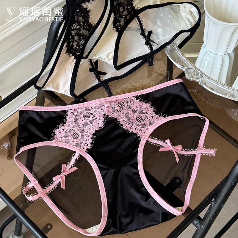 瑶瑶闺蜜秋冬性感透明网纱内裤女中腰包臀舒适蕾丝花边女士三角裤