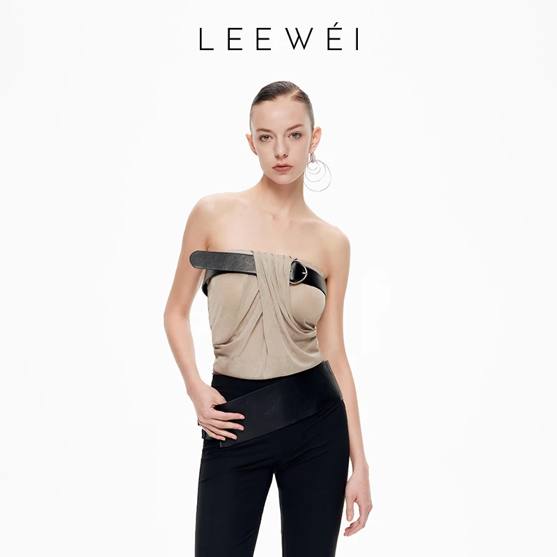 LEEWEI官方直营秋冬新款气质感可拆洗款皮带褶皱高弹丝毛织抹胸