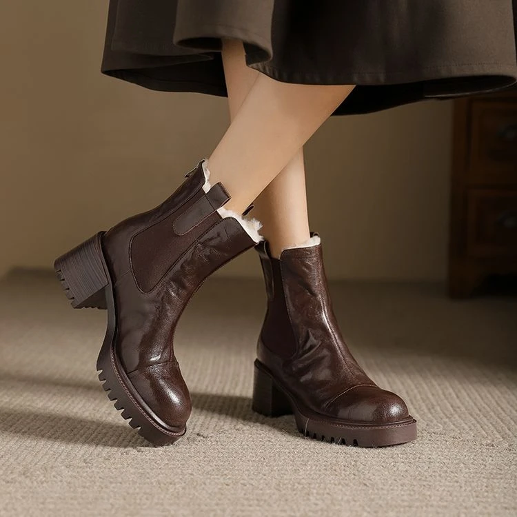 羊皮/7cm/秋冬新款小个子增高跟鞋厚底粗跟加厚保暖真皮短靴女鞋