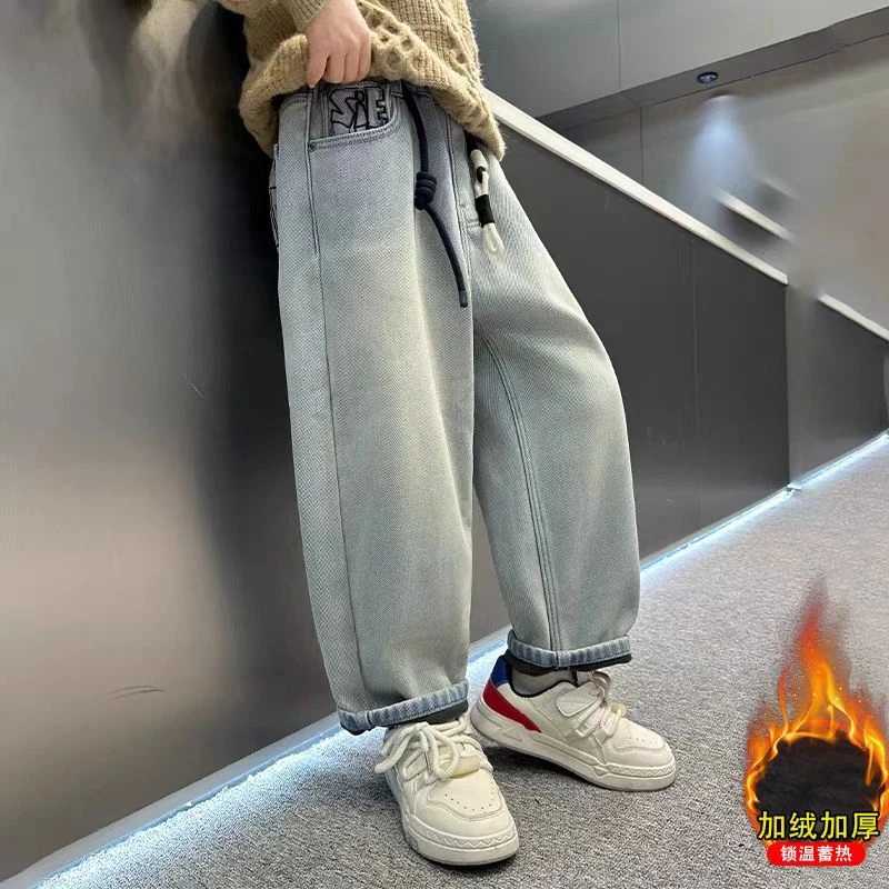502099童装男童冬款加绒牛仔裤2025宝宝韩版加绒加厚男孩牛仔长裤