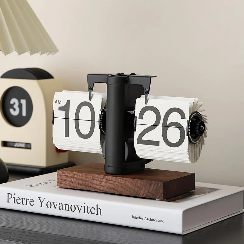 轻奢自动翻页时钟桌面摆件复古机械表摆台式数字钟表创意客厅装饰