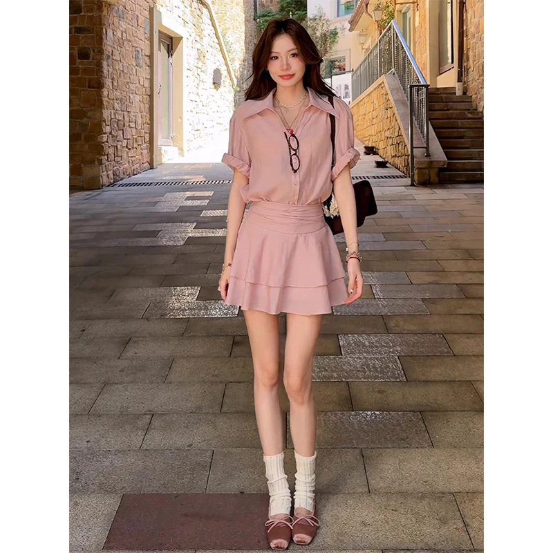 韩系甜美风修身百搭翻领衬衫女2025夏季新款褶皱收腰短裙子两件套