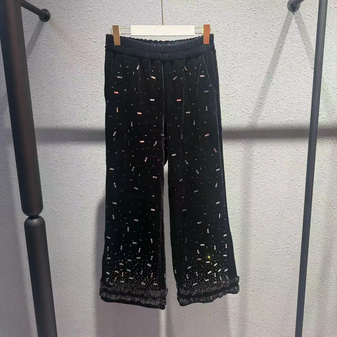 coco家重工满钻加绒加厚黑色丝绒阔腿裤时尚高腰秋冬花边休闲裤