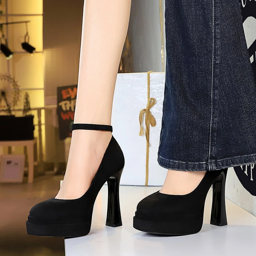 欧美浅口圆头超高跟鞋女粗跟纯色单鞋双层防水台一字扣女鞋百搭粗