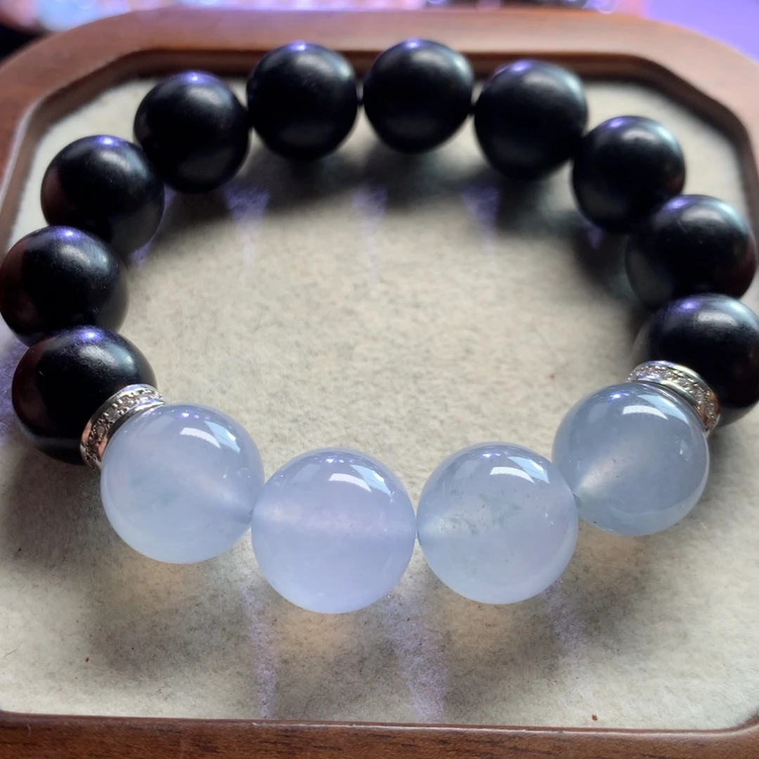 翡翠未镶嵌手链蓝紫底飘绿13mm