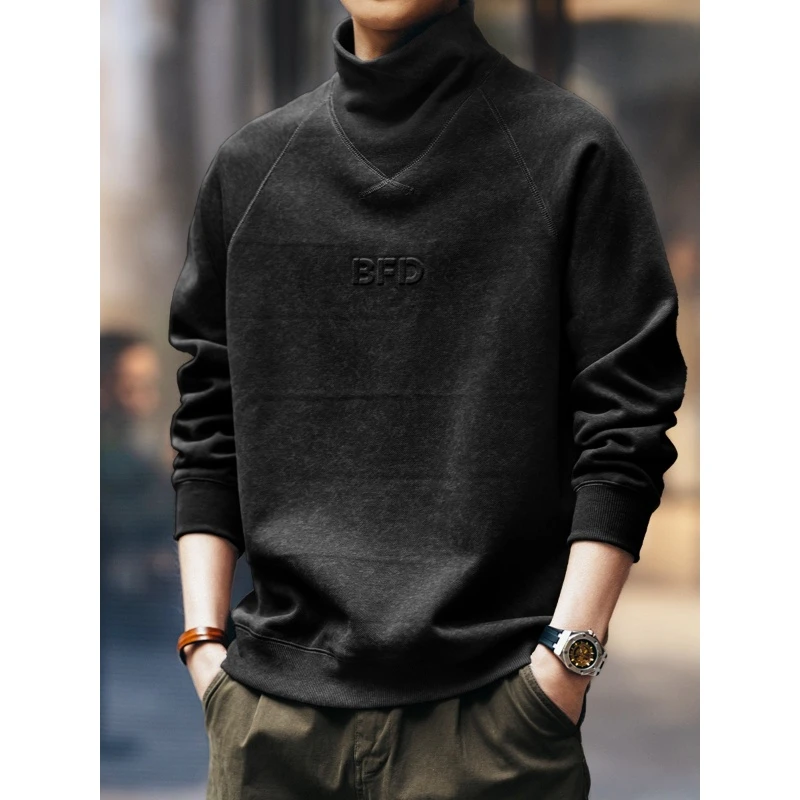 LEIGHZ/雷茨复古半高领卫衣男士秋冬季加绒宽松打底衫上衣男装